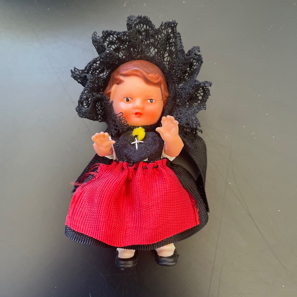 Vtg Ari Germany Miniature Dollhouse Rubber Girl Doll Folk costume Gothic Creepy
